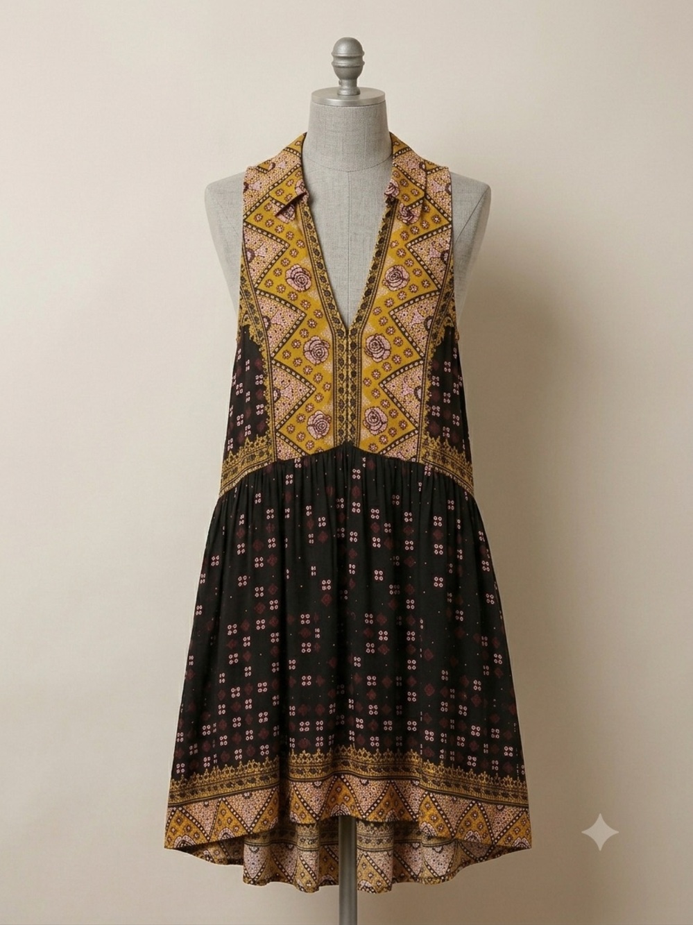 Free People Mini Dress Tunic Black Mustard & Pink Bandana Print, pockets large